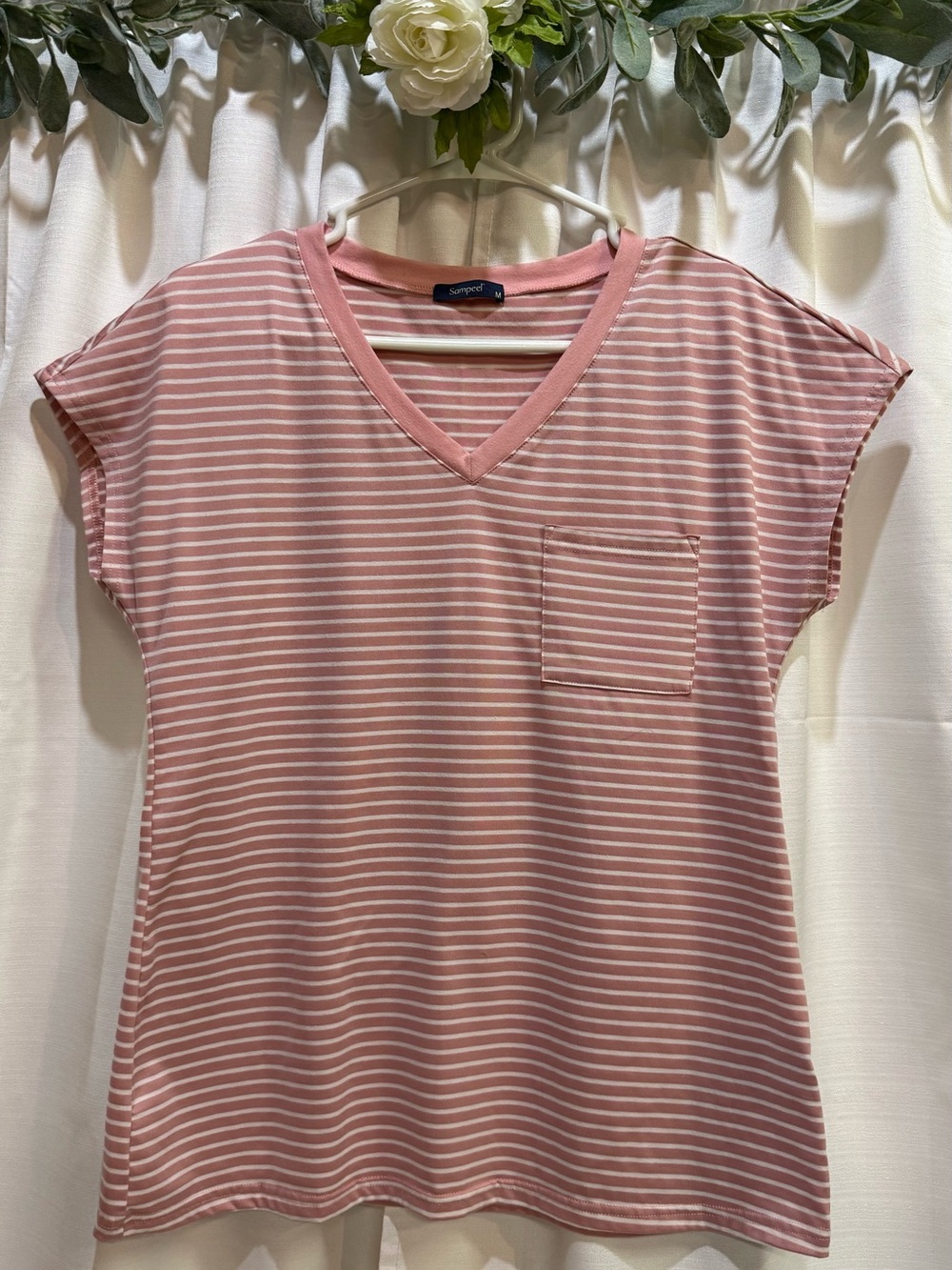 Sampeel Pink & White Striped V-Neck Pocket Tee 🌸 Size Medium